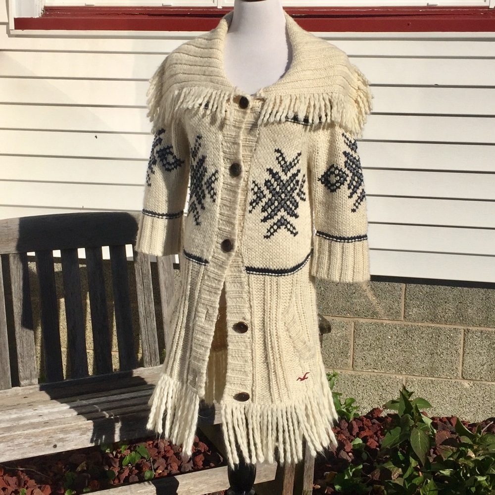 Hollister Cream & Gray Fringed Sweater